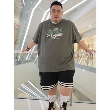 適合胖子的T恤短袖全棉400斤肥佬衫寬松加肥加大 特大號灰色印花