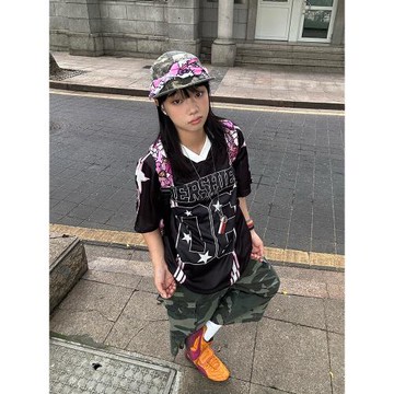 EAHO 美式復古V領星星數字印花拼接短袖球衣夏季男女寬松運動上衣