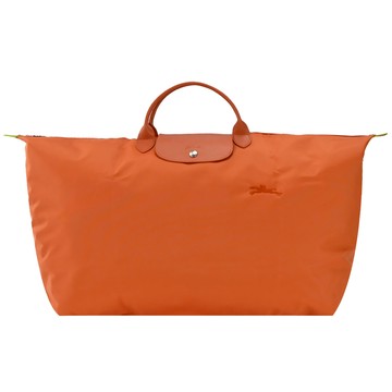 [平輸版]LONGCHAMP LE PLIAGE GREEN系列刺繡短把再生尼龍摺疊旅行袋(特大/胡蘿蔔橘)真品平輸