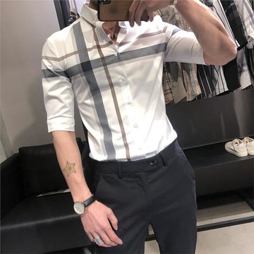 夏季男士短袖襯衫韓版豎條紋修身半袖印花商務休閑薄款七分袖襯衣