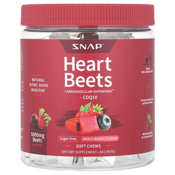 Snap Supplements, Heart Beets + 輔酶 Q10，什錦漿果味，60 片軟咀嚼片