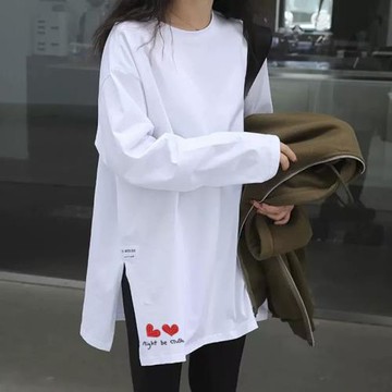 2025春秋中長款白色開叉寬松長袖t恤女爆款內搭打底衫上衣體恤潮