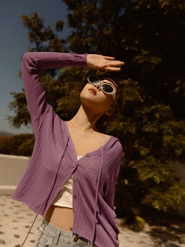 微透膚彈力立體坑條連帽抽繩罩衫