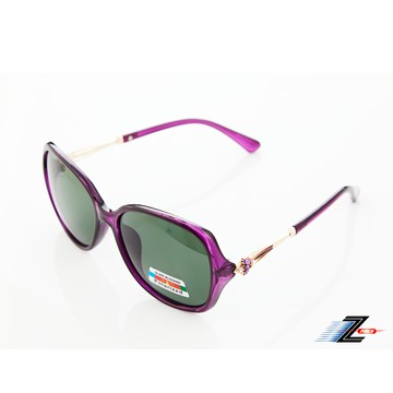 【Z-POLS】大框顯小臉質感紫圖騰水鑽邊框設計 墨綠Polarized寶麗來偏光抗UV400太陽眼鏡(時尚好穿搭)