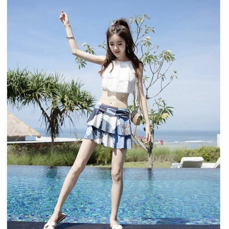 セール水着 ハイウエスト 水着 レディース We デニム フレアトップ かわいい ビキニ スカート ハイウエスト 花柄 上下別 パッド付き 通販 Lineポイント最大0 5 Get Lineショッピング