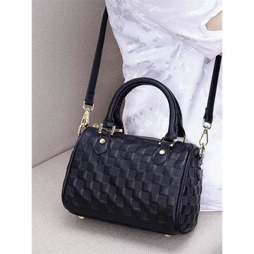 真皮波士頓包女2025新款潮時尚手提小包包氣質方格壓花單肩斜挎包