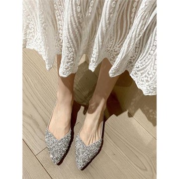 韓版氣質水鉆珍珠單鞋尖頭淺口軟底伴娘鞋溫柔甜美婚鞋顯瘦平底鞋