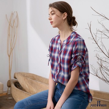 【Just J’S Miss】純棉全開扣格紋 五分袖長可自由調節襯衫 749S3