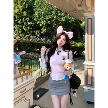 韓國校服學院風淺粉針織衫長袖襯衫包臀裙迪の士尼圣誕穿搭JK套裝