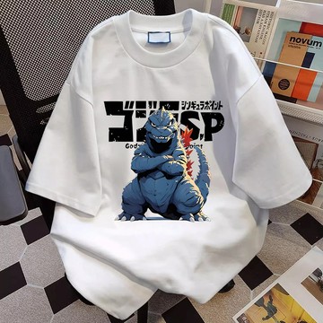 純棉 t恤 哥吉拉 t恤 oversize t恤 日系卡通印花 怪獸 短袖上衣 白色衣服 大尺碼上衣 男女同款 夏天