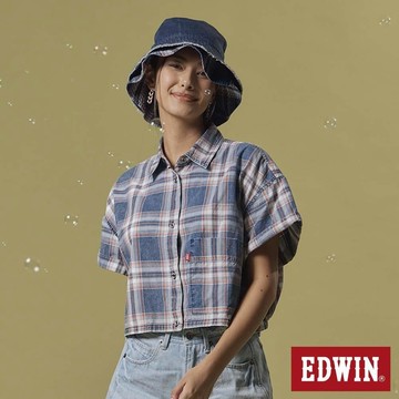 EDWIN 女裝 格紋寬短版短袖襯衫 (拔淺藍)