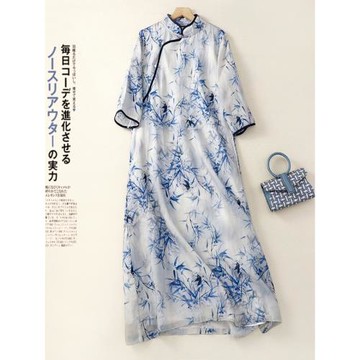 外貿原單女裝剪標森系亞麻連衣裙大碼茶服棉麻長袍中國風改良旗袍