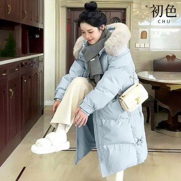 初色 純色保暖防風中國結連帽長袖拉鍊加厚中長款科技保暖纖維大衣外套女外套-共4色-18033(M-XL可選)