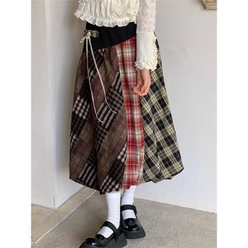 景頁頁 原創復古百搭秋冬復古小眾蝴蝶結格子拼接花苞半身裙子