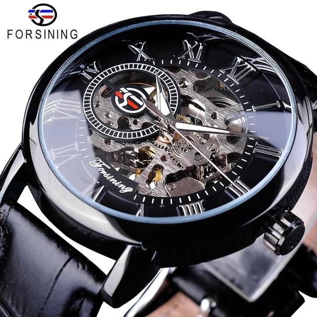 Forsining 男性 腕時計 高級 機械式 スケルトン 3Dリテラルデザイン Silver Black | LINEブランドカタログ