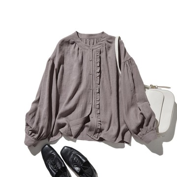 蓬鬆不對稱棉麻針織外套 長袖上衣 灰色 250814-4