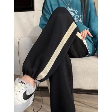 黑色運動褲女春秋冬季2025新款加絨抽繩衛褲直筒垂感休閑闊腿褲子