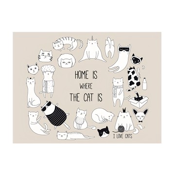 24mama 掛畫 單聯式 可愛 動物 塗鴉 愛貓人士 睡覺 時鐘掛畫-家就是貓所在的地方  40 x 30cm  無框