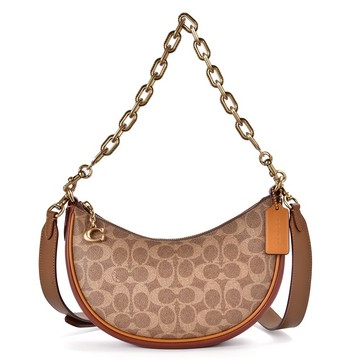 COACH Mira老花C紋拼接皮革鏈帶肩背包 斜背包 彎月包(卡其棕)194395｜GoBrand購名牌