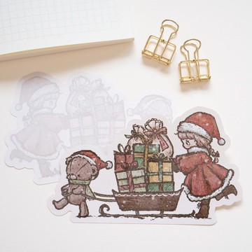 異形便簽紙 - 搬運禮物的女孩與泰迪熊 / 聖誕節