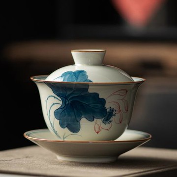 三才蓋碗單個手繪青花瓷小茶杯景德鎮復古家用陶瓷功夫茶具泡茶碗