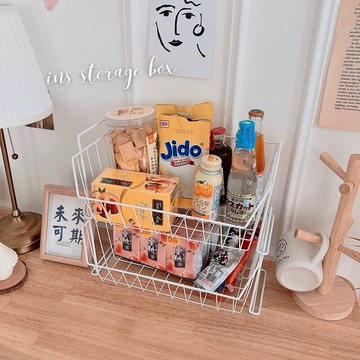 ins風白色鐵藝收納籃可疊加桌面零食雜物整理籃置物籃