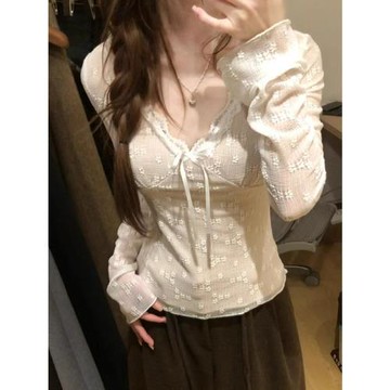 純欲蕾絲花邊V領打底衫女秋冬2025新款內搭修身收腰獨特別致上衣