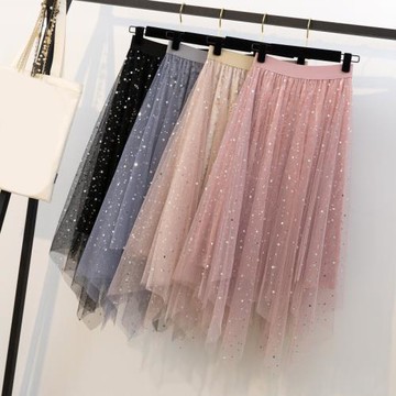 大碼女裝胖mm2025年秋裝不規則網紗半身裙胖妹妹星星亮片A字裙子