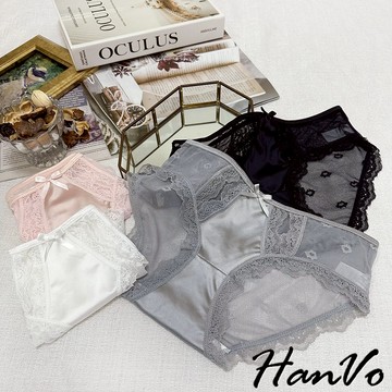 【HanVo】唇印蕾絲花邊拼接緞面內褲 輕薄透氣性感中低腰 獨立包裝 流行少女內褲 內著 A11-5308