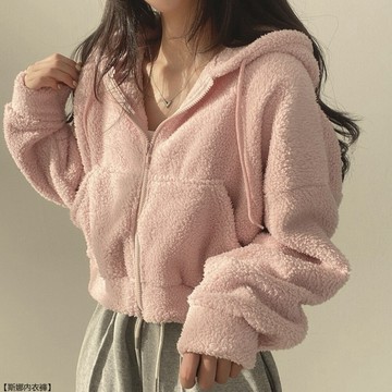 羊羔毛白色連帽衛衣女秋冬加絨加厚寬鬆開衫短款外套上衣