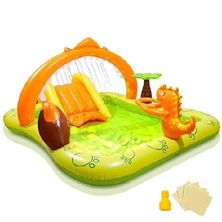 Inflatable Play Center, Aukivon Inflatable Kids Pool with Slide, 97''x76''x43'' Kiddie Pool with Slide, Kids Blow Up Pool with Dinosaur Water 並行輸入