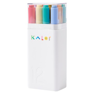 KaCO KALOr 方頭圓頭兩用粗細色彩馬克筆 可收納型筆筒 油性防水墨水 高密度纖維筆頭 安全透氣筆孔  1組  12色