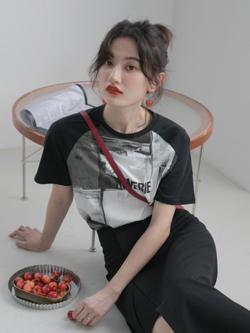 黑白印花短袖t恤女夏年新款韓版寬松圓領半袖上衣潮