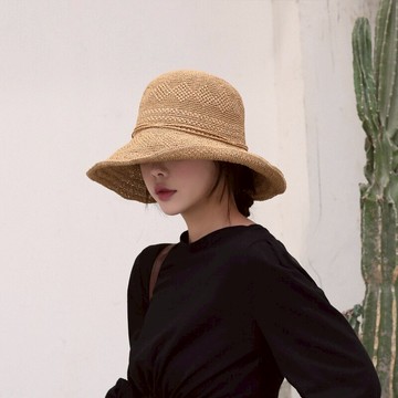 春夏季新款遮陽防曬草帽女沙灘時尚小清新手工編織格紋漁夫帽1入