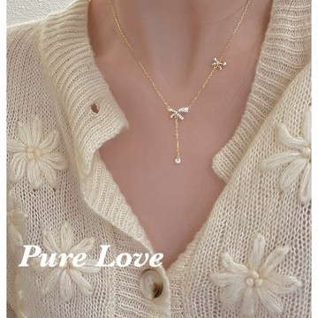 Pure Love樂芙 /正韓 鈦鋼【316L醫療鋼】G01126滿鑽蝴蝶結流蘇吊墜鎖骨鏈 短項鏈 / 金 銀