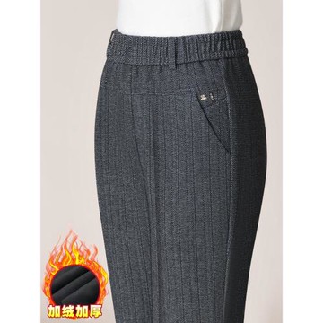 恒源祥高腰中老年女褲春秋休閑條紋直筒褲春季媽媽毛呢褲加絨加厚