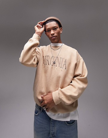 Topman oversized Virginia sweatshirt in washed stone-Neutral