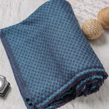 【毯子】喀什米爾羊毛大毯子/披肩 鑽石紋藍靛 柔軟保暖