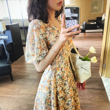 油畫碎花連衣裙女復古法式小香風可鹽可甜泡泡袖雪紡裙子夏季新款