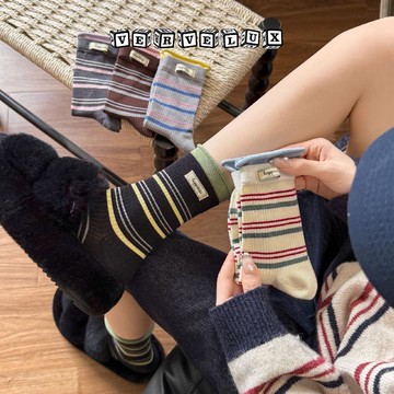 两件9.9折🔥臺灣出貨🔥可開發票✅襪子女秋冬撞色布標彩色條紋卷邊潮流堆堆襪春秋百搭純棉中筒襪