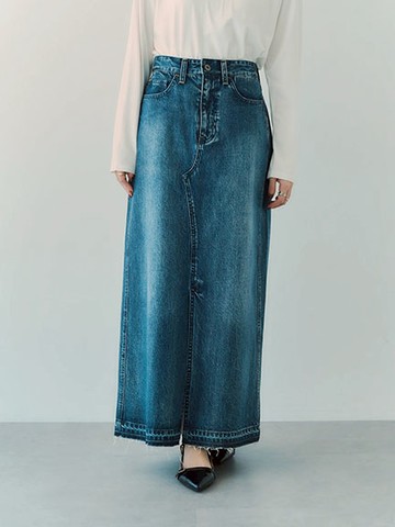 復古刷色開岔牛仔長裙(7B43L0L0300) - YECCA VECCA