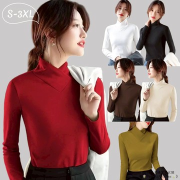 S-3XL 大尺碼德絨上衣 雙面德絨大尺碼V領打底衣 半高領長袖T 發熱衣 秋冬新款修身加絨保暖內搭上衣