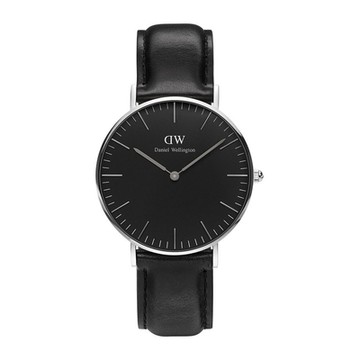 DW Daniel Wellington 經典黑色皮革腕錶-銀框/36mm(DW00100145)