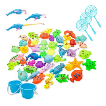 OhBabyLaugh 54件釣魚撈魚組 含水桶*2 釣竿*3 撈網*3 海洋生物*46  顏色隨機  1組