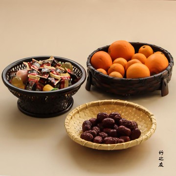 竹編日式果盤糖果茶點盤家用客廳手工水果籃收納籃復古新中式竹制