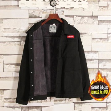 日系復古黑色加絨牛仔外套男秋冬青年帥氣潮流寬松加厚夾克外套男