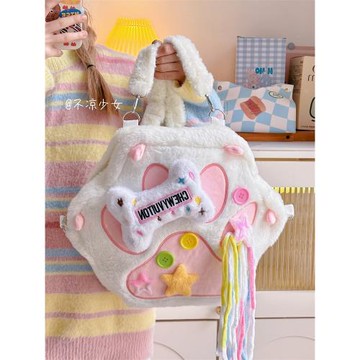 Y2K千禧骨頭貓爪兩用雙肩包日系ins大容量毛絨書包可愛毛毛斜挎包