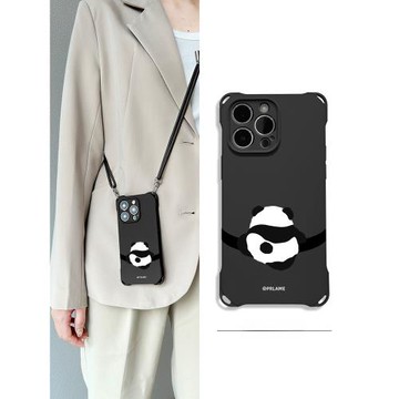 可愛小熊貓適用iphone16promax手機殼新款斜挎帶掛繩蘋果15pro硅膠全包14情侶小眾16簡約高級12promax黑色11