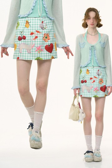 ziziFei夏季美式設計感小眾水果印花綠色格子高腰顯瘦半身短裙女