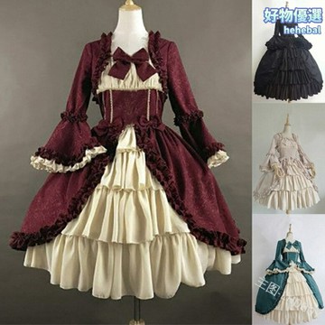 【宮廷顯瘦】哥特連衣裙 復古連衣裙 禮服裙 方領收腰 拼接蝴蝶結 中世紀風格 宴會派對 角色扮演